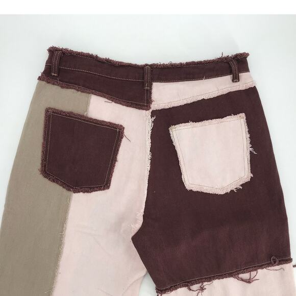 SHEIN Burgundy Pink Tan Patch High Rise Loose Straight Raw Hem Jeans Womens L - Picture 4 of 4